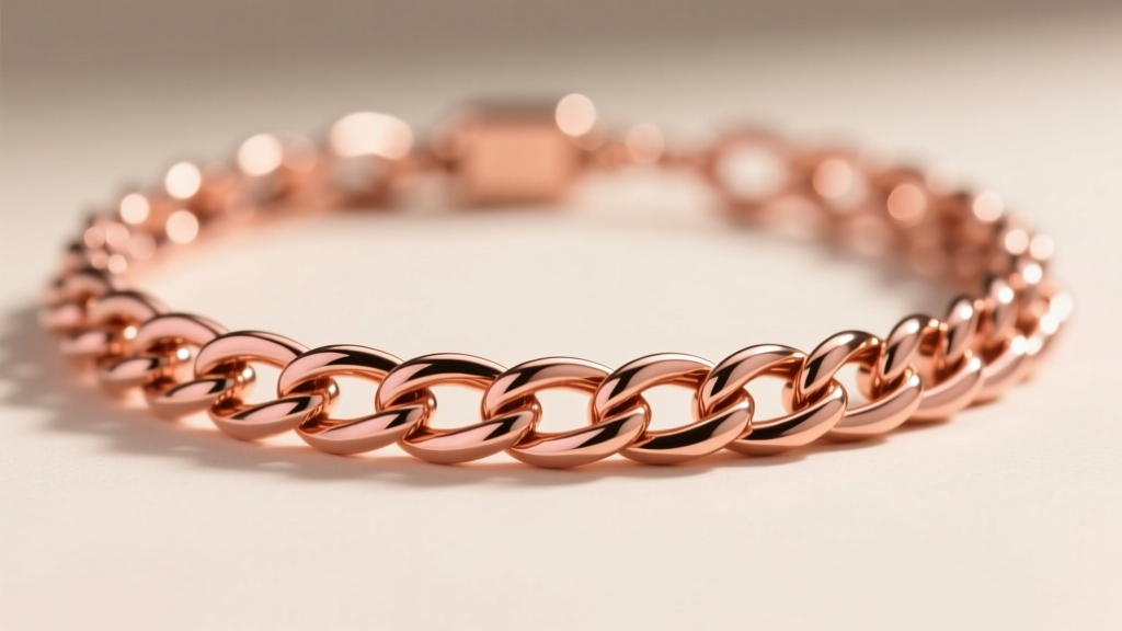 Close-up of a 14k rose gold chain necklace showing the warm copper-pink hue and intricate cable link texture under studio light