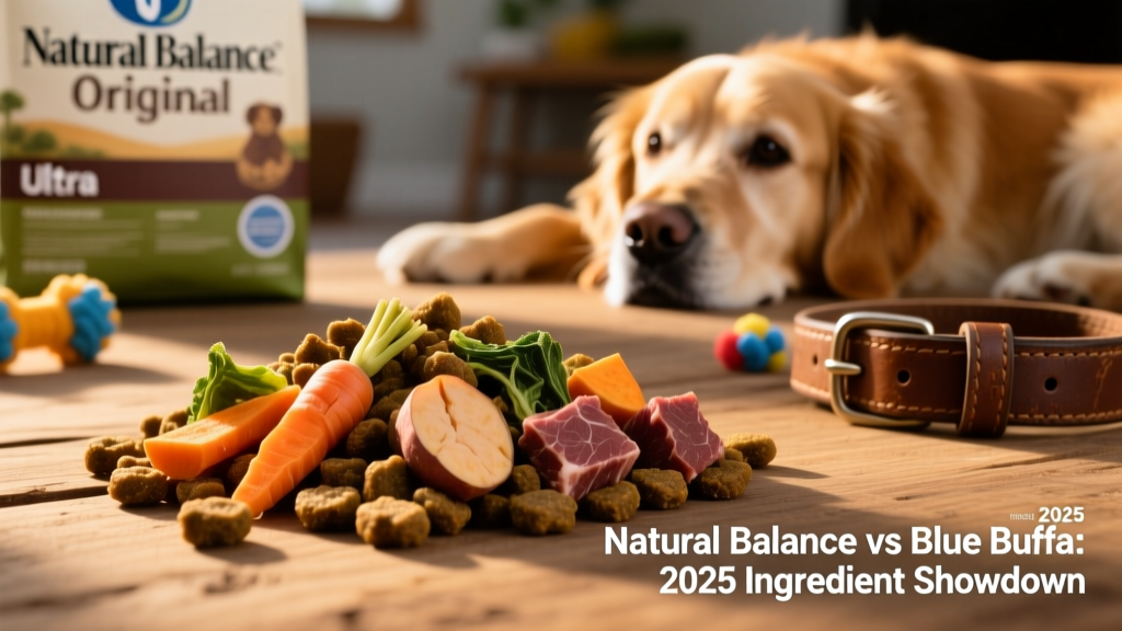 Close-up of kibble from Natural Balance Original Ultra showing texture and visible pieces of dried vegetables and meat