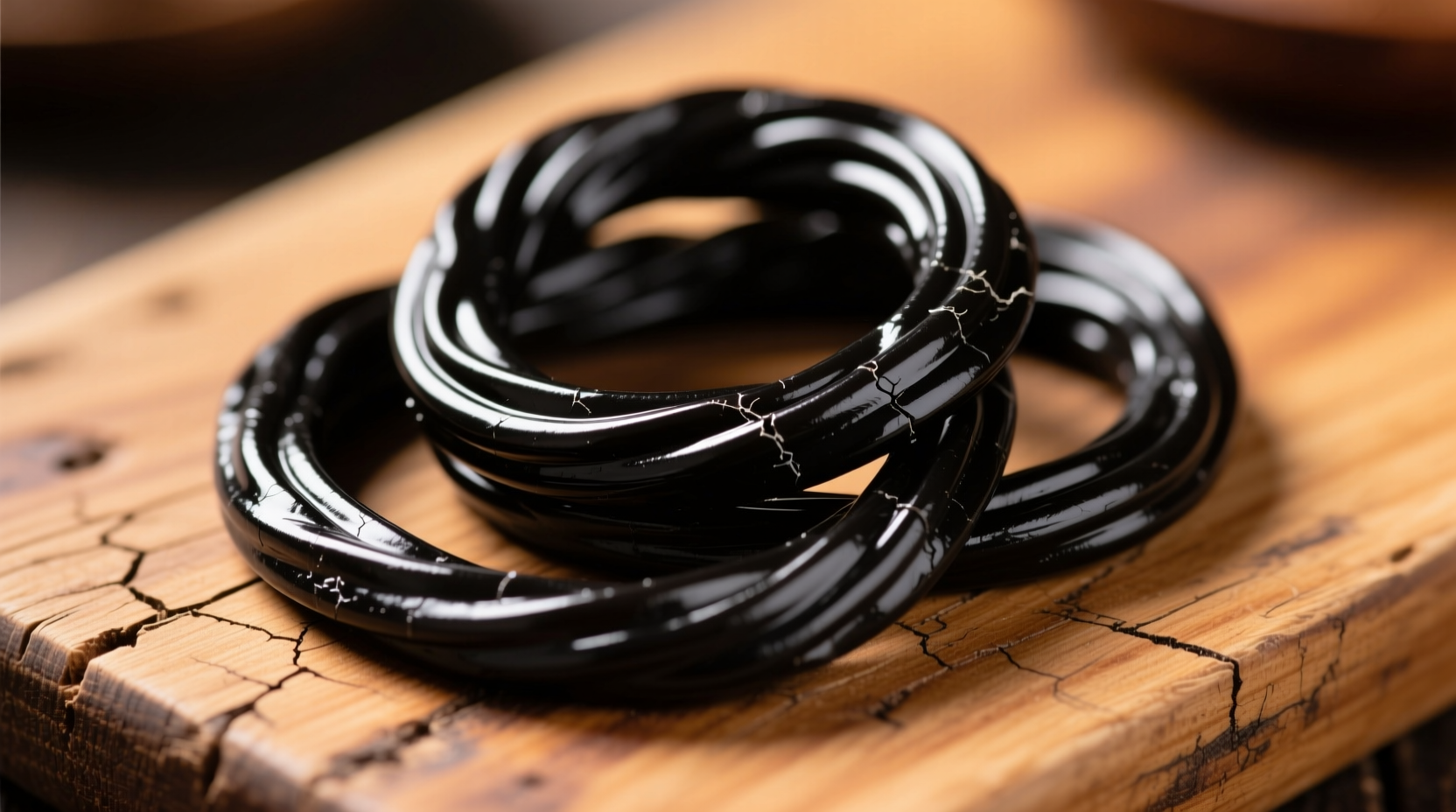 Close-up of black licorice strands on wooden board