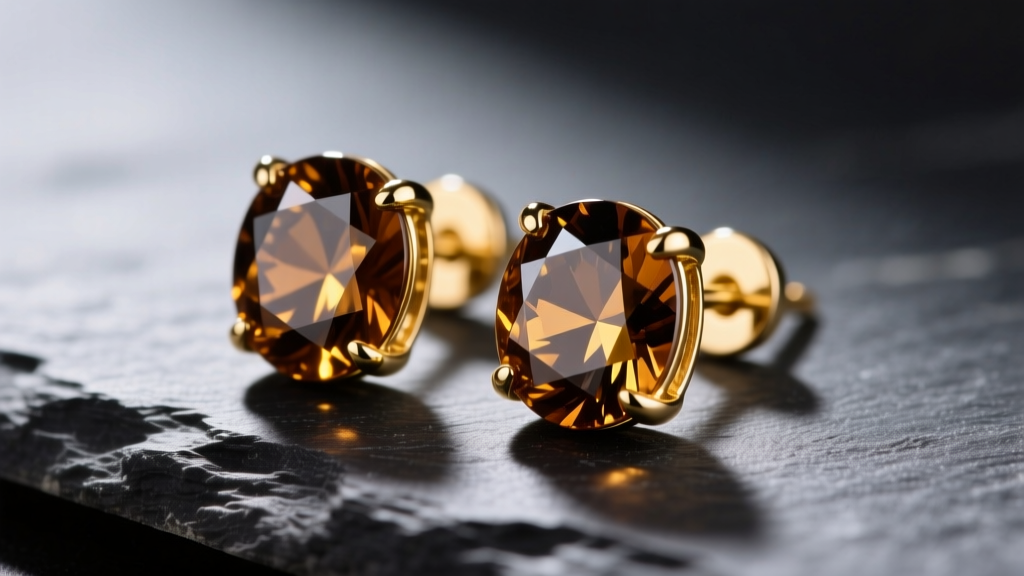 Macro shot of 14k yellow gold smoky topaz stud earrings on dark slate, highlighting rich brown facets and brilliant light reflection