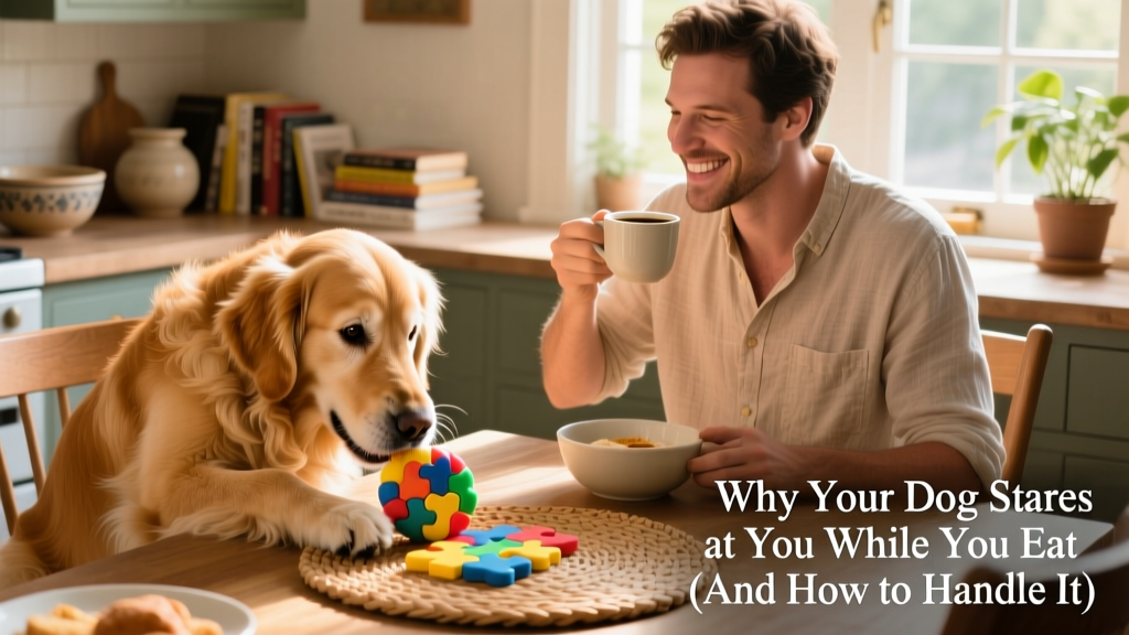 A dog happily engaged with a puzzle toy on a mat beside the dining area while their owner eats nearby