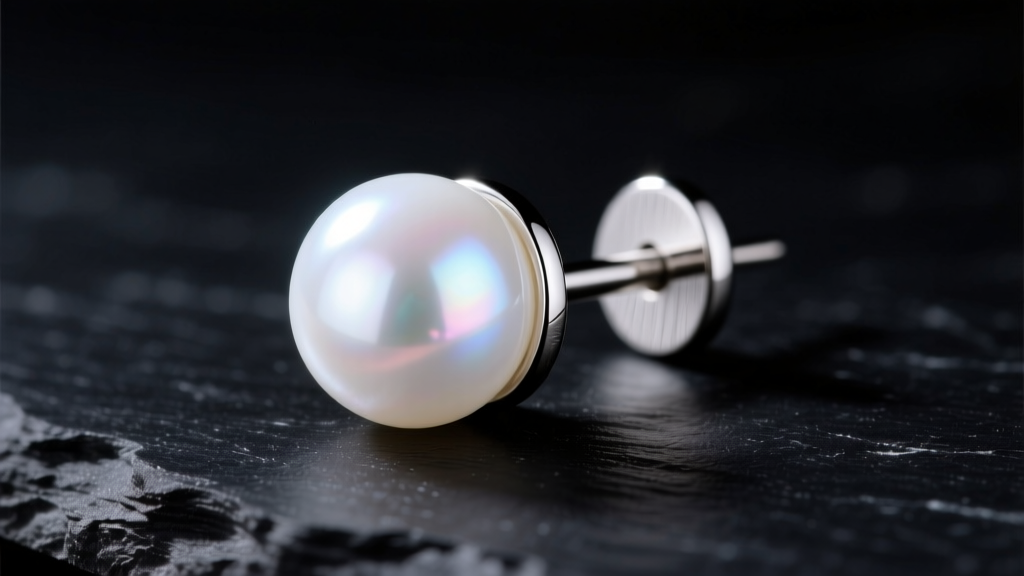 Close-up of a white freshwater pearl on a titanium earring post on dark slate, illuminated by soft light to show its bright luster.