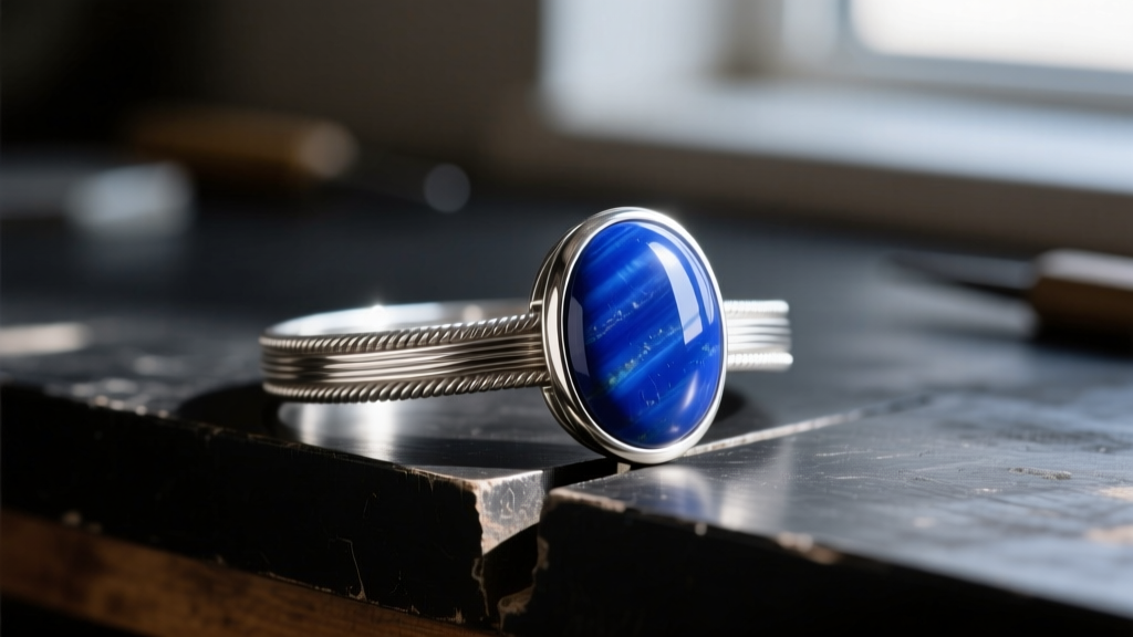 Macro view showing a visible gap between thick sterling silver bezel wire and a polished lapis lazuli cabochon on a dark workbench