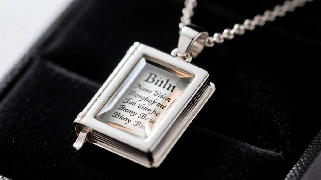 Close-up of sterling silver nano bible necklace pendant on dark velvet, showing a tiny glass window with micro-etched text inside.