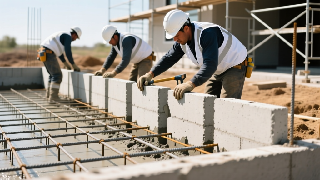 Crew installing interlocking insulated concrete forms on a residential foundation with exposed rebar grid in bright daylight