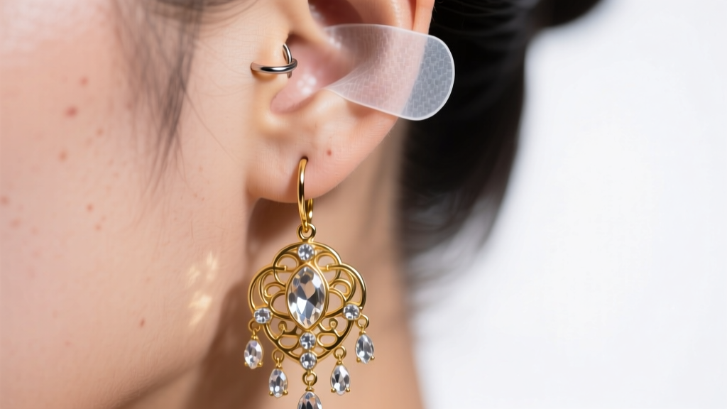Close-up of a clear adhesive earlobe support patch applied behind a stretched piercing to hold a heavy gold cosplay drop earring.
