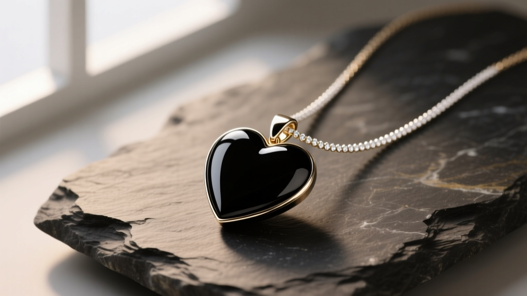 Matte black onyx heart pendant on a delicate 18-inch white gold chain, resting on dark slate with soft studio lighting