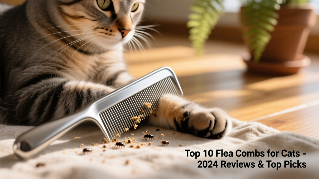 Close-up of a stainless steel flea comb gliding through a cat's fur, with visible flea dirt caught in the fine teeth