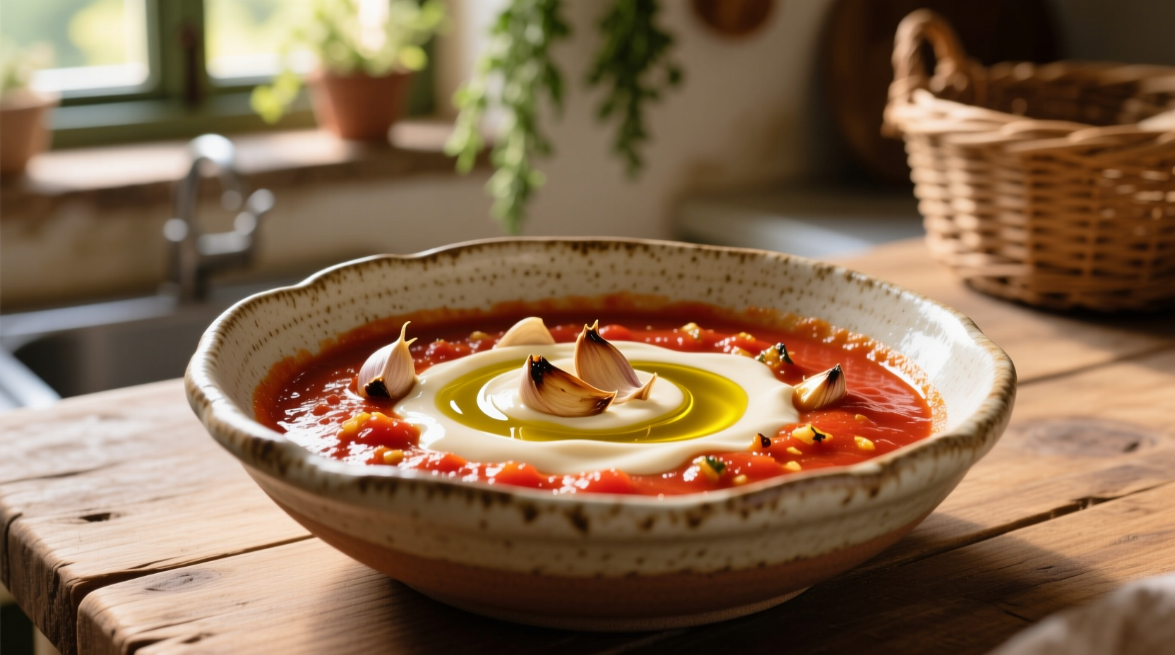 Creamy roasted garlic tomato sauce in ceramic bowl