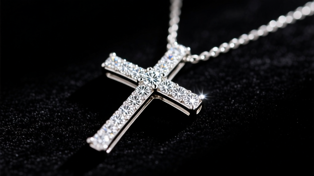 Close-up of a 14k white gold pave diamond cross necklace on dark velvet, highlighting the micro-pave setting and brilliant sparkle