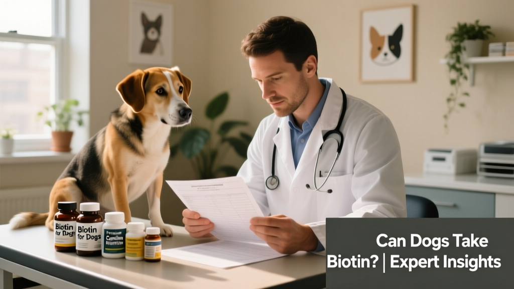 Veterinarian reviewing a dog’s medical chart alongside supplement bottles