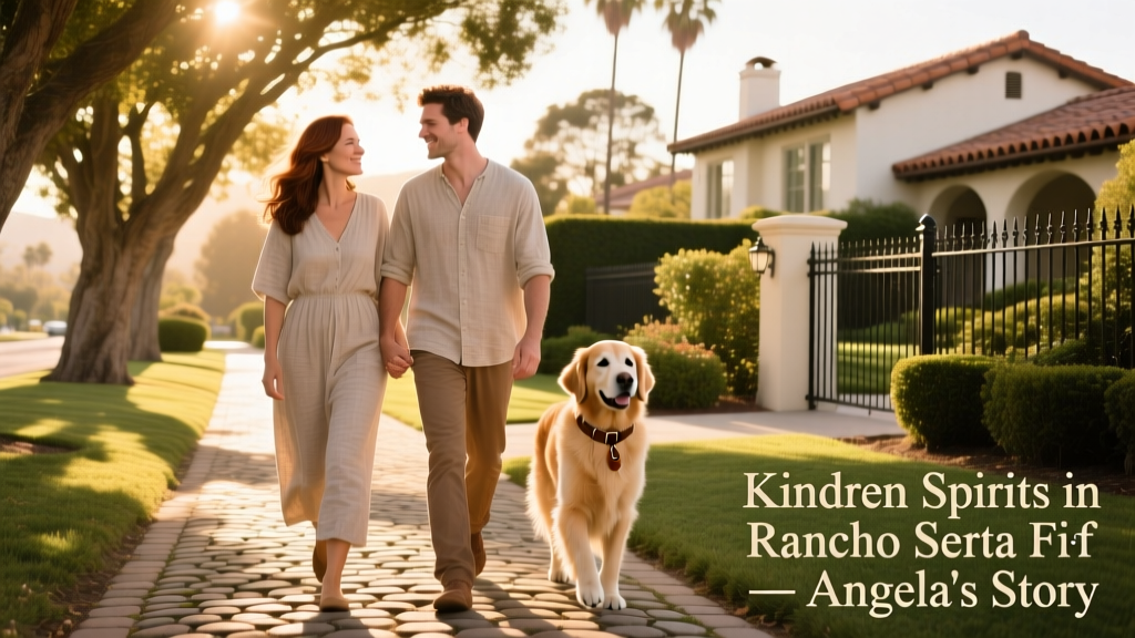 Angela and Casey walking side by side along a sun-dappled neighborhood path