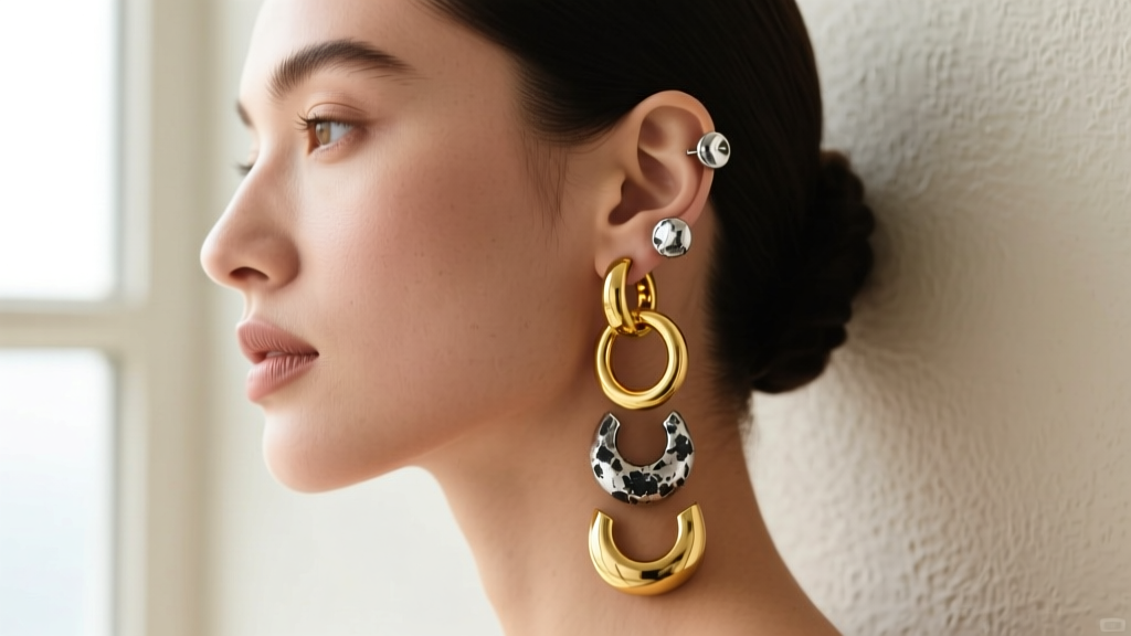 Curated ear stack with 14k yellow gold and oxidized sterling silver hoops and studs on a model's ear under soft studio lighting.