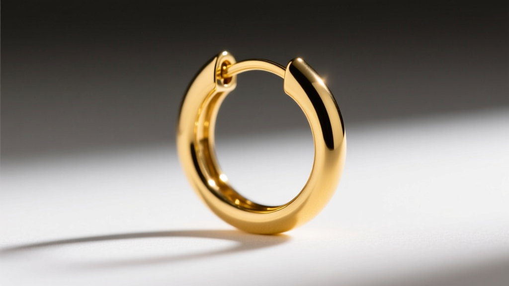 Close-up of a 6mm continuous yellow gold hoop earring, showing the precise gap and hinge mechanism on a standard healed lobe.