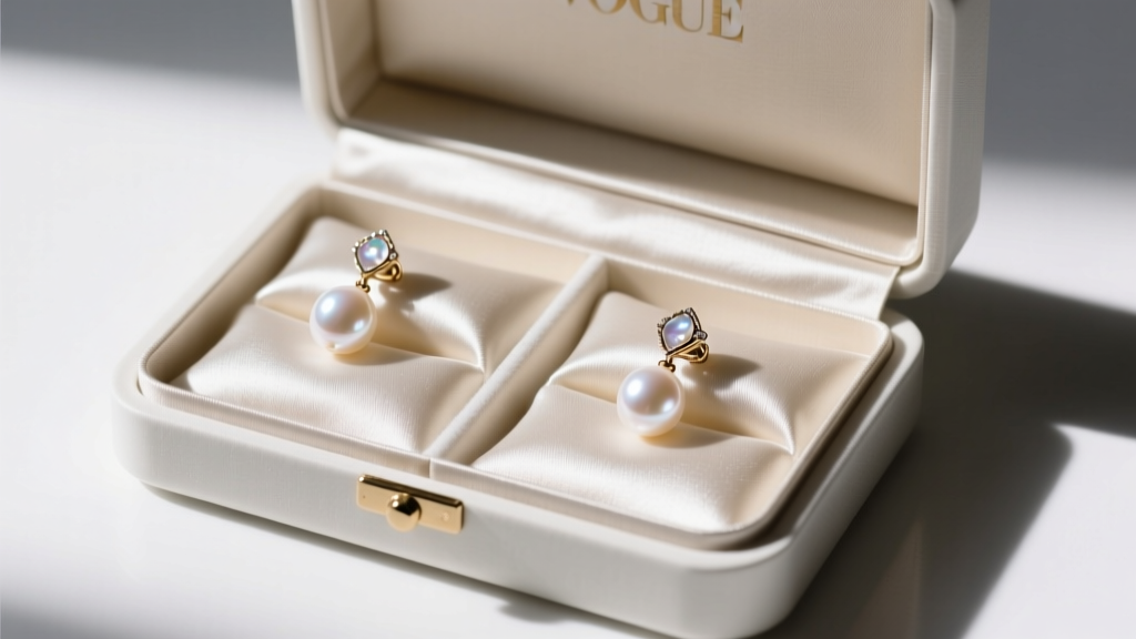Open silk box showing earrings with pearl drops in fabric slots, preventing nacre scratches and delicate metal setting damage.