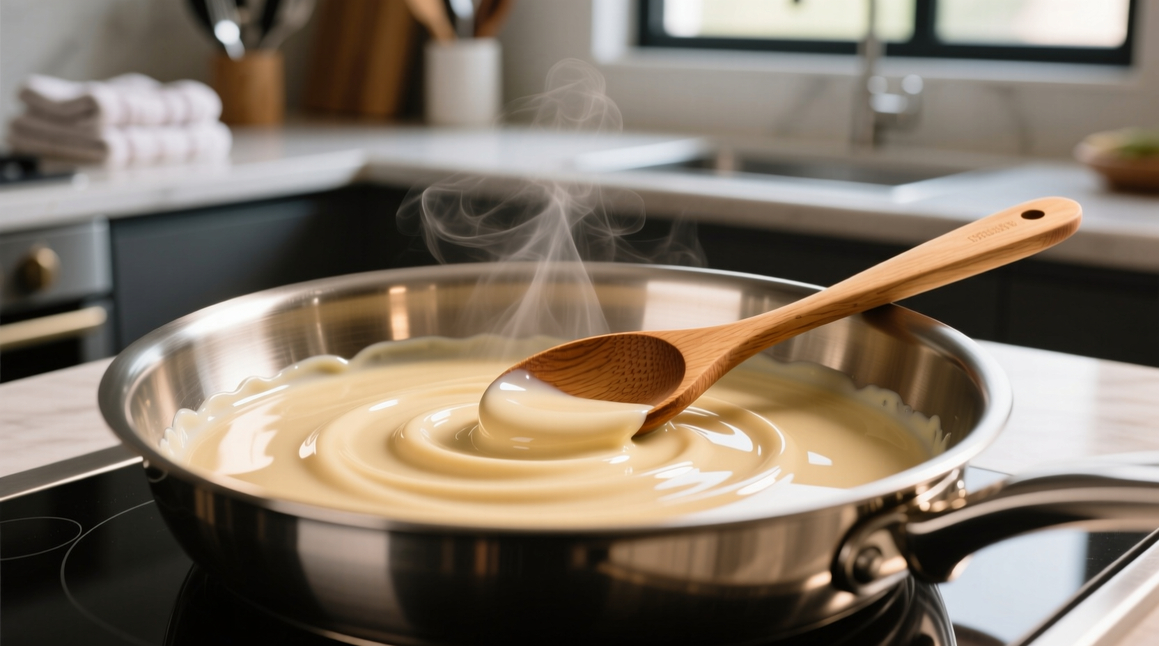Perfect cream sauce in stainless steel pan with wooden spoon