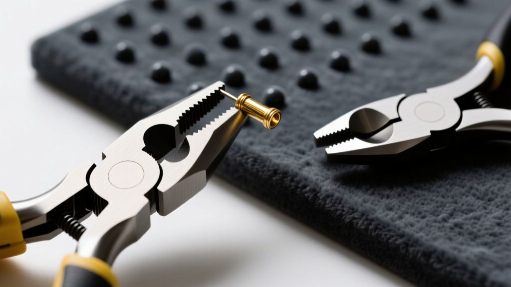 Close-up of micro-crimping pliers gripping a 2x2mm gold-filled crimp tube, next to flush cutters and a velvet bead design board.