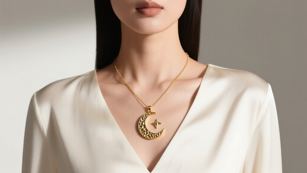 Model in V-neck blouse wearing an 18-inch 14k gold lariat necklace with a small, hammer-textured celestial moon motif pendant.