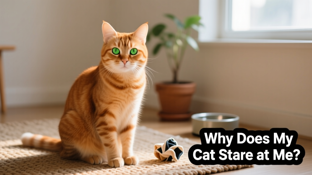 Ginger cat sitting calmly and making gentle eye contact with the camera.