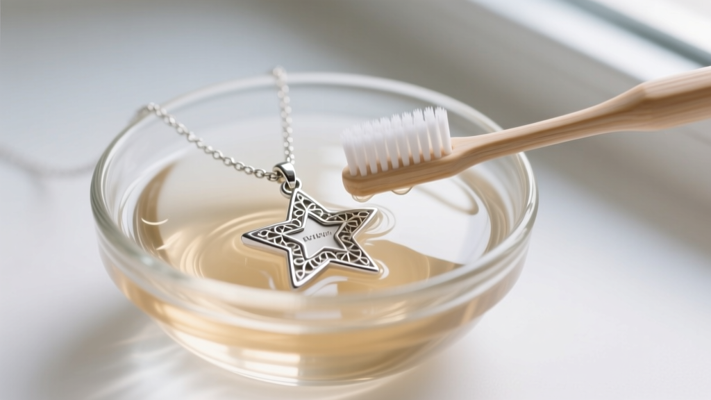 Soft toothbrush gently cleaning a silver dainty star necklace submerged in a small glass bowl of warm, soapy distilled water.