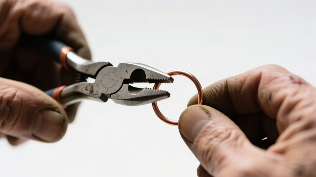 Macro shot of hands using flat-nose pliers to twist a 22-gauge copper jump ring, showing lateral motion under bright light.