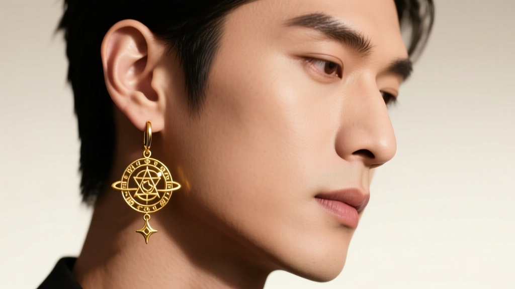 Man wearing a 14k gold Potara drop earring, studio lighting, high fashion editorial photo, sharp focus on the lobe jewelry item