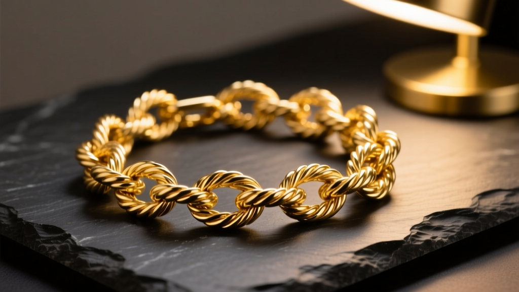 Close-up of a tangled 18k yellow gold rope chain resting on a dark slate surface, illuminated by a bright, focused desk lamp.