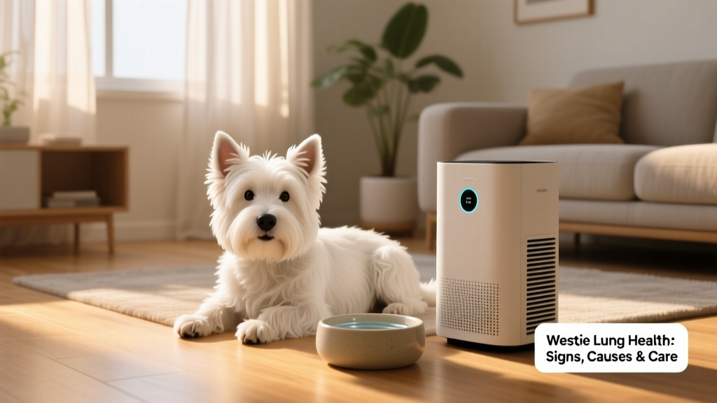 A Westie comfortably resting beside an air purifier and water bowl in a sunlit living room