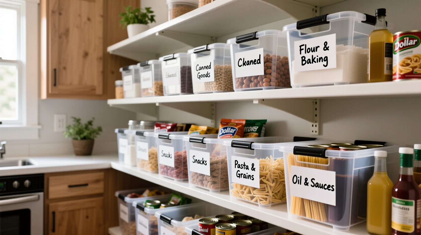 how to organize your pantry like a pro using dollar store bins and labels