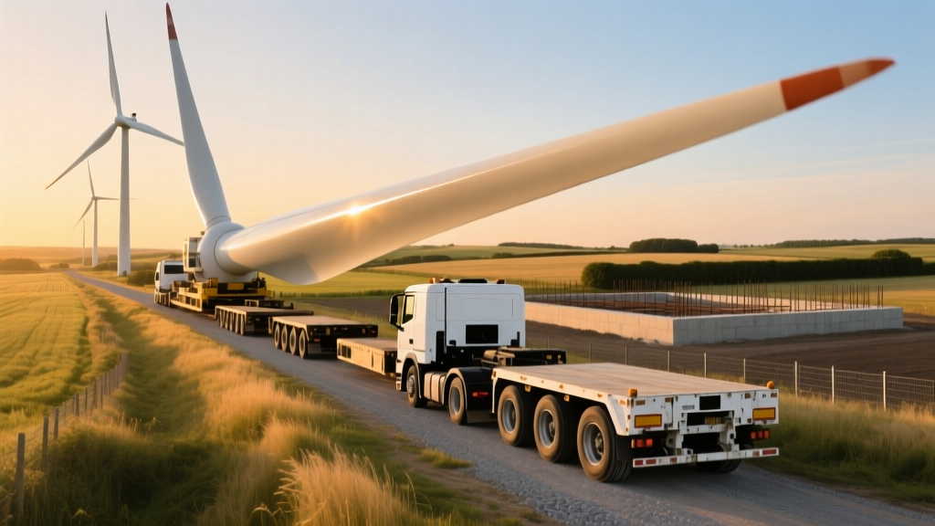 Massive white wind turbine blades being transported on specialized multi-axle trailers through a rural landscape toward a concrete foundation pad