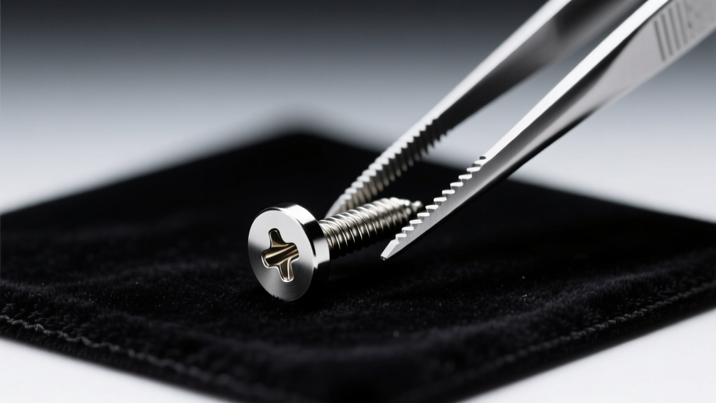 Macro view of a screw-back clutch on an 18-gauge 12mm long titanium earring post, held by precision tweezers on a dark velvet mat