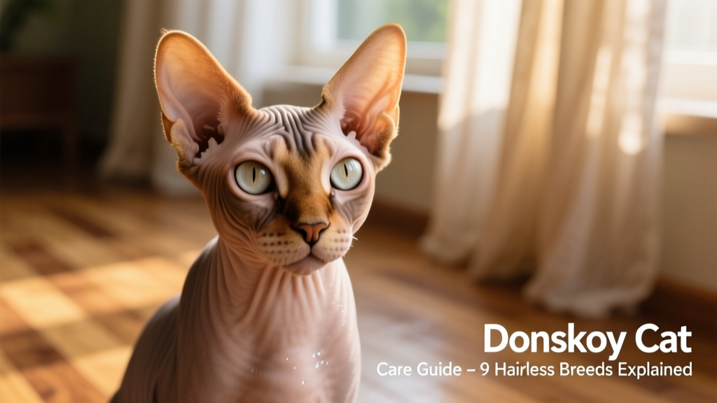 A close-up portrait of a Donskoy cat showing its distinctive large ears and smooth, warm skin