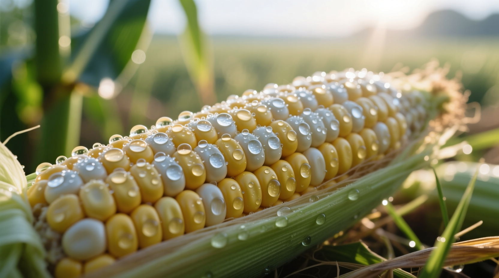 Fresh corn kernels glistening with water