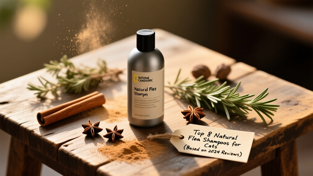 A bottle of natural flea shampoo next to dried herbs like cinnamon sticks and clove buds