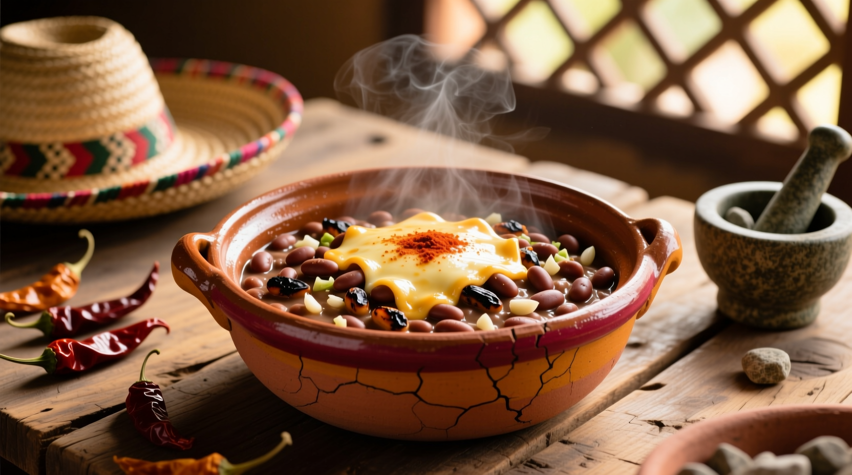 Traditional Mexican refried beans in clay pot