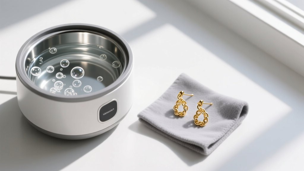 Overhead view of an ultrasonic cleaner with water, beside delicate gold chain threader earrings and a soft grey polishing cloth.