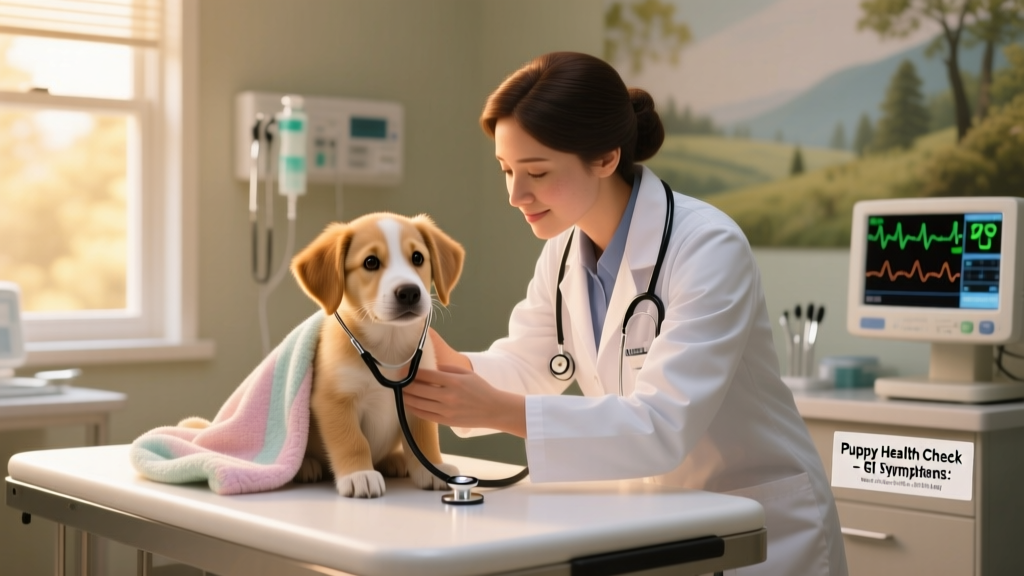 Veterinarian gently examining a calm puppy on an exam table, with a stethoscope and soft blanket visible
