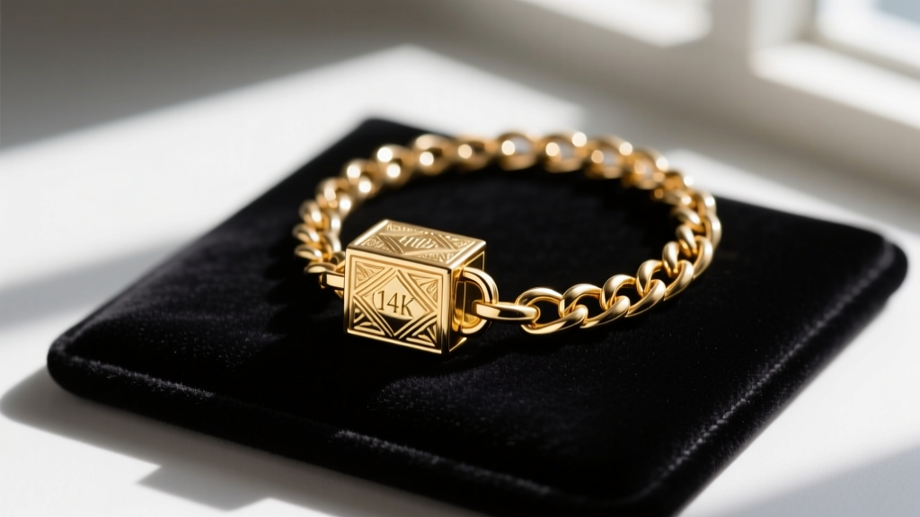 Macro shot of a 14k gold box clasp and large pendant bail on a 6mm solid Miami Cuban chain resting on a dark velvet jewelry pad.