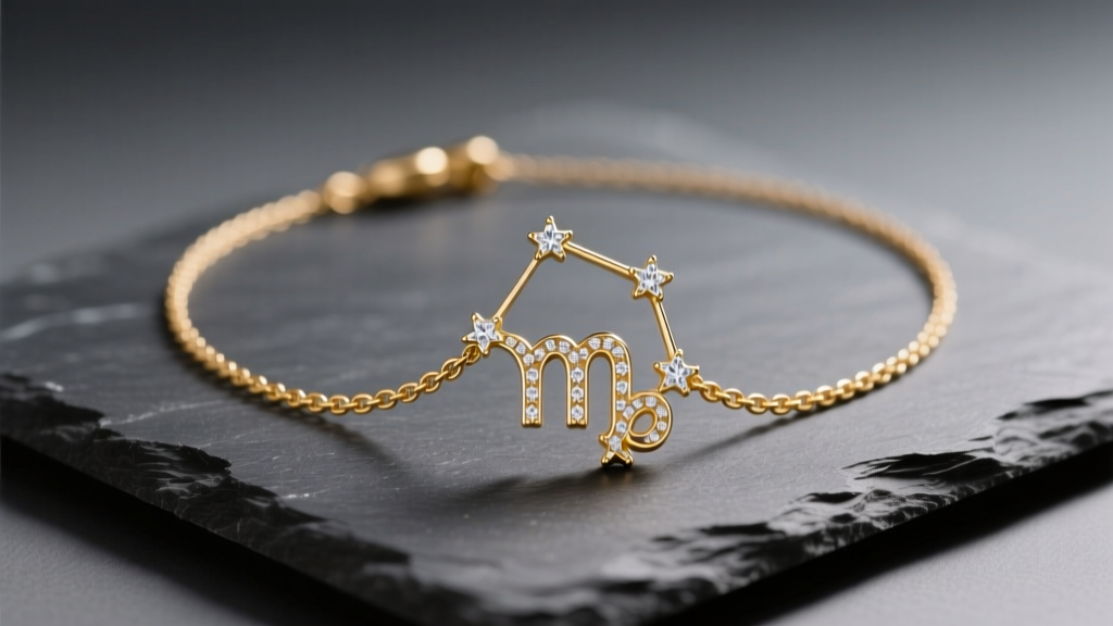 A 14k gold virgo constellation necklace on dark slate, softly lit to highlight tiny diamond stars and a delicate cable chain.