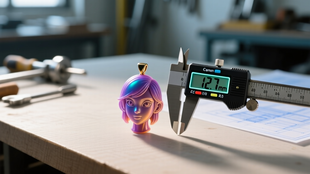 Workbench displaying a 3D CAD resin mold of a character pendant beside digital calipers measuring precise millimeter dimensions.
