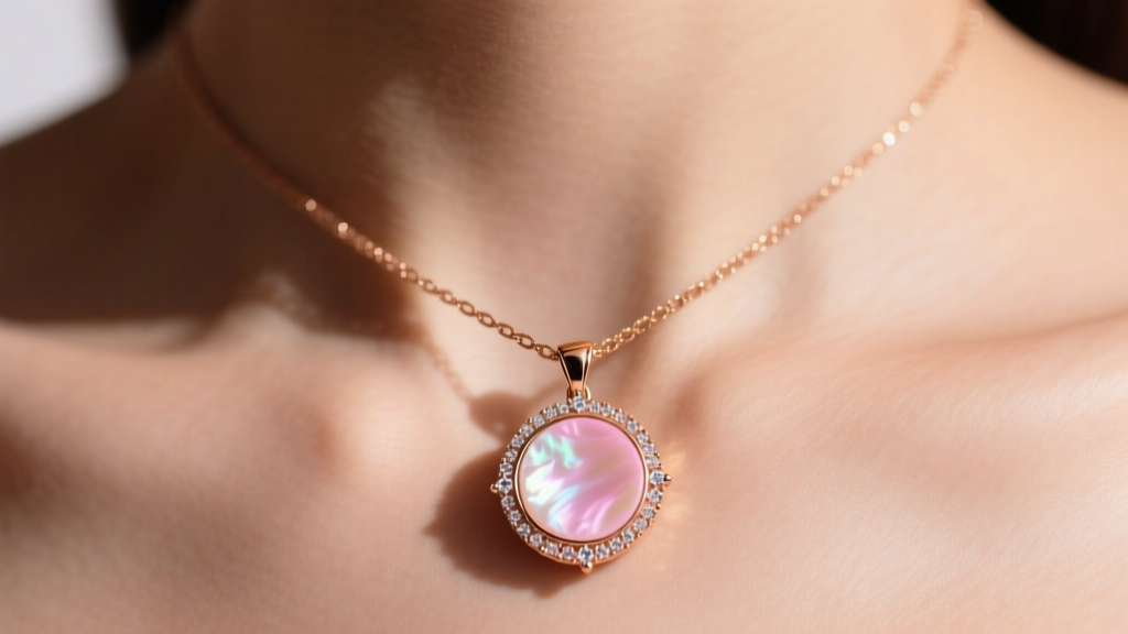 Close-up of a rose gold Sweet Alhambra pendant with pink mother-of-pearl and diamond accent, resting gently on a bare collarbone.
