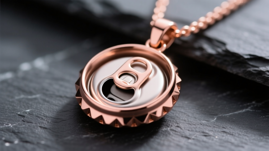 Macro shot of a rose-gold powder-coated soda tab pendant showing smooth texture and precise laser-cut edges against dark slate