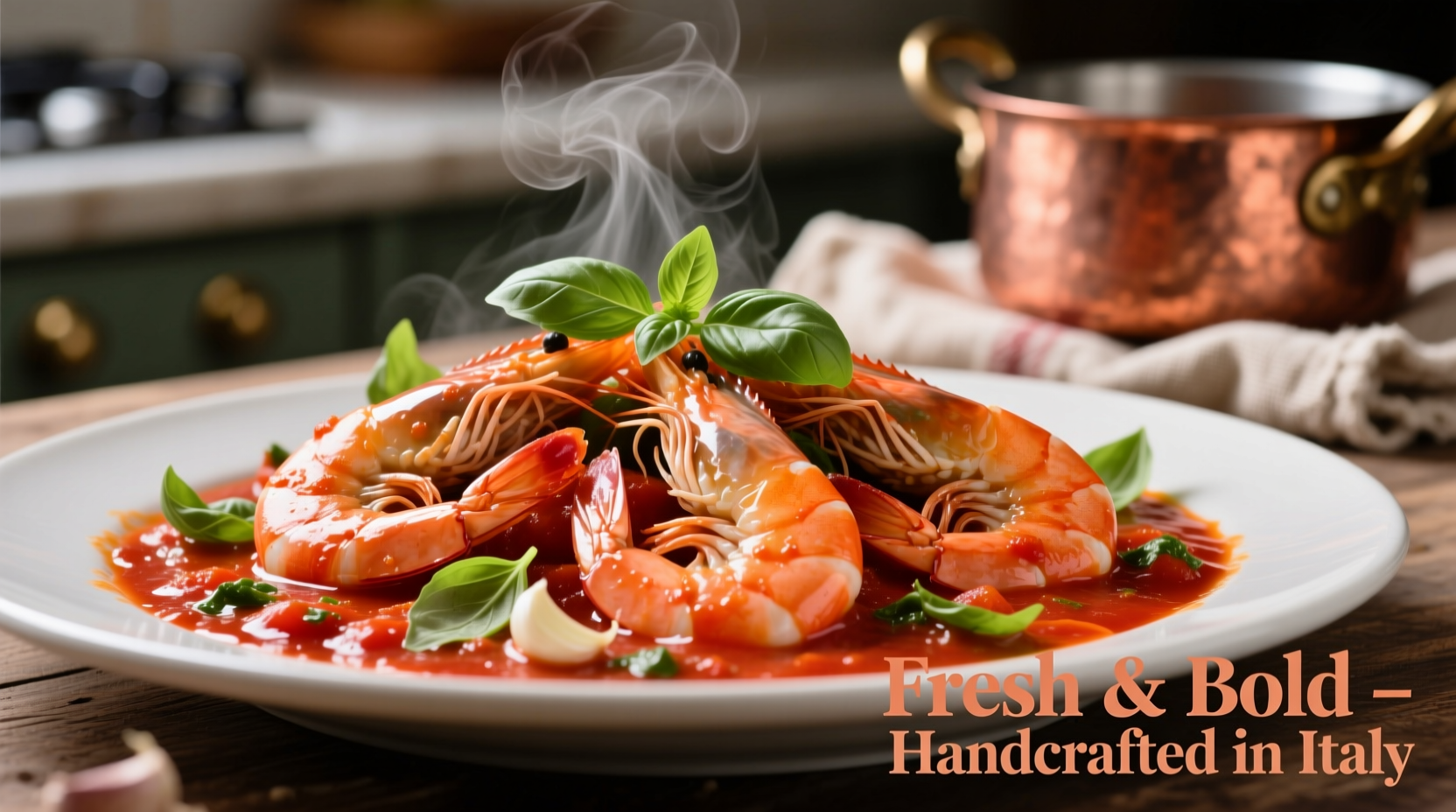 Pan of shrimp in vibrant tomato basil sauce with fresh basil garnish