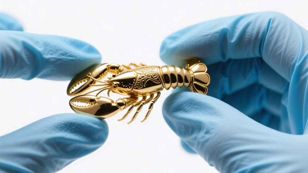 Macro photography of a 14k gold lobster clasp secured by a hand wearing a blue nitrile medical glove under bright clinical light.