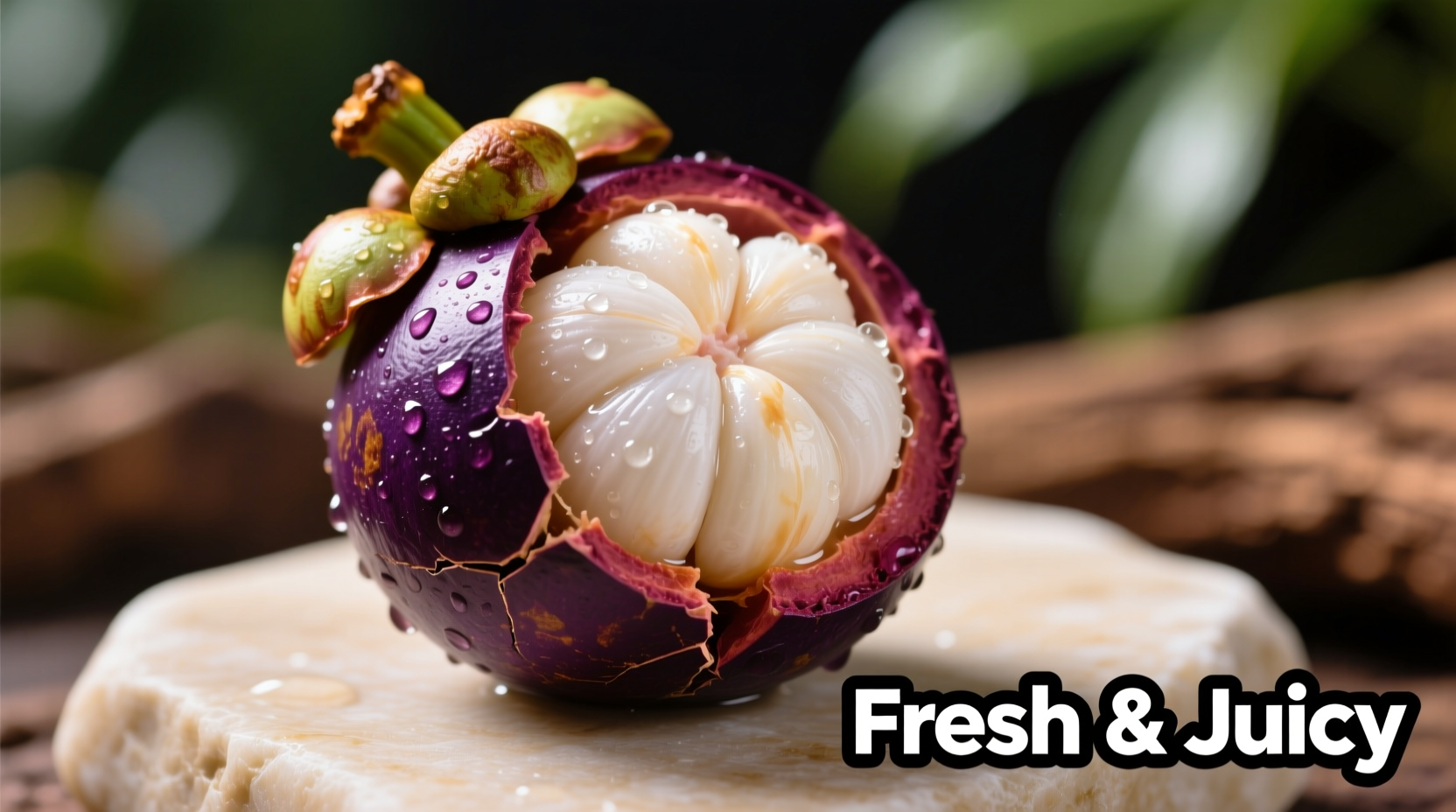 Fresh mangosteen fruit with white segments displayed