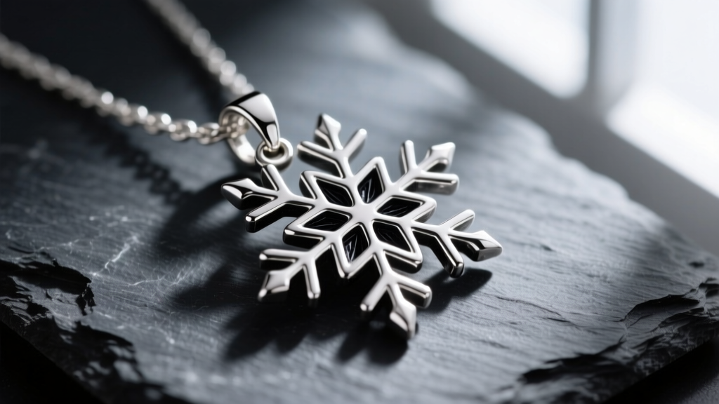 Close-up of a 925 sterling silver snowflake pendant on dark slate, showing deep oxidized crevices and sharp dendritic points.