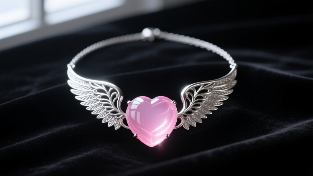Glowing Heart of Kandrakar replica necklace on dark velvet, featuring intricate silver wings and a translucent pink resin sphere.