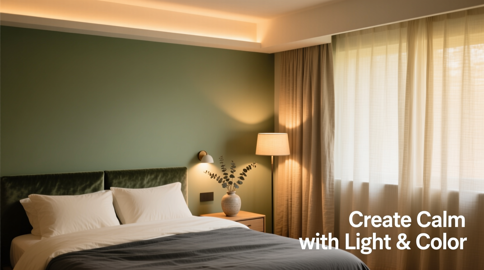 how to create a calming bedroom vibe using color temperature and lighting layers