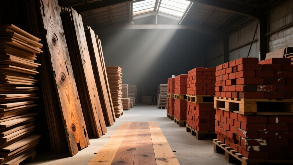 Stacks of weathered reclaimed oak flooring and pallets of vintage red clay brick inside a dimly lit architectural salvage warehouse