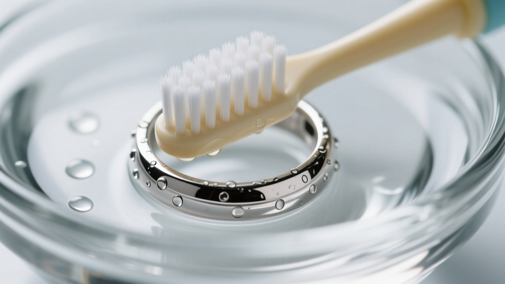 Close-up of a soft-bristled baby toothbrush gently scrubbing the inside groove of a sterling silver push back in a glass bowl.